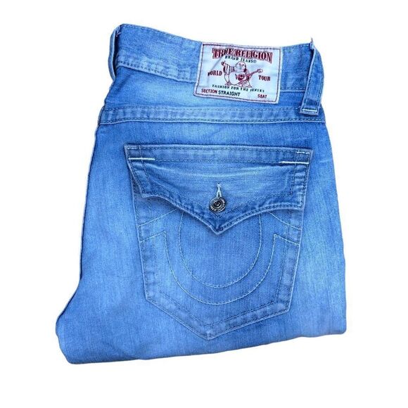 TRUE Religion Jeans Size 34 STRAIGHT White Stitch Blue - Picture 5 of 10